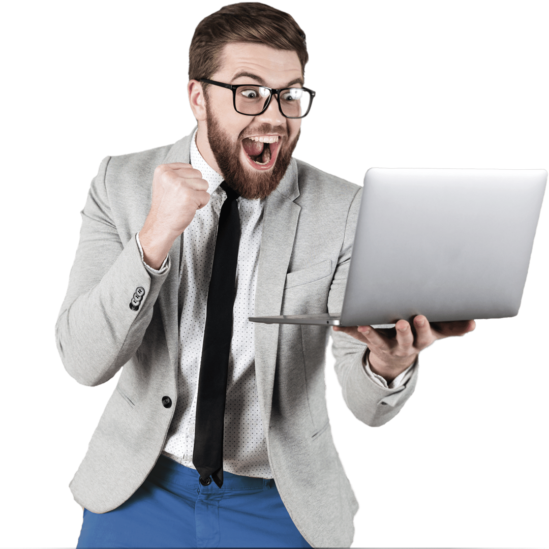 ejecutivo feliz con notebook en la mano
